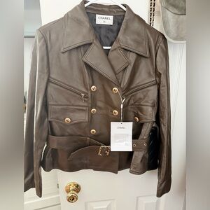 CHANEL Dark Brown Geneous     Faux leather Jacket